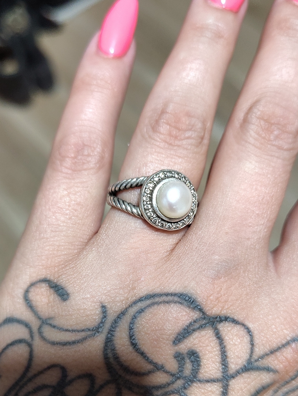 David Yurman Silver Pearl Halo Ring with Pavé Accents